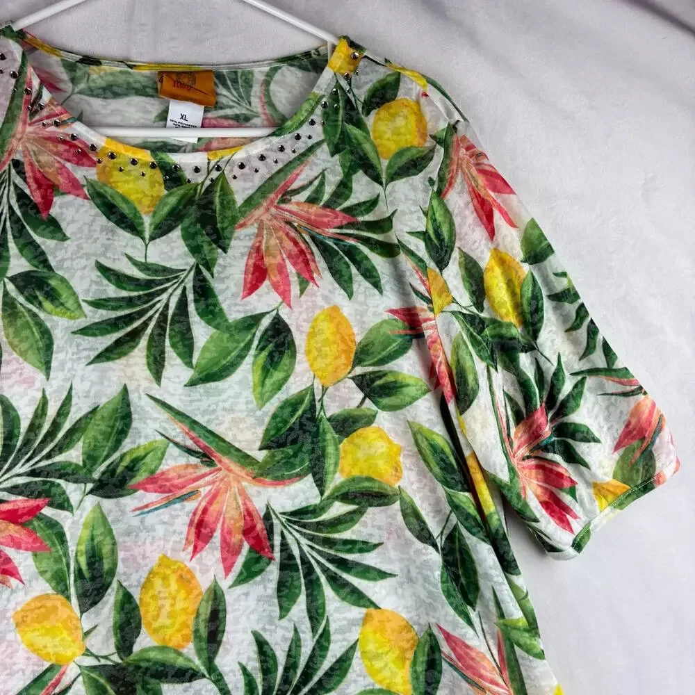 Ruby Rd Short Sleeve T-Shirt Top Women's XL Yellow Lemon Tropical Floral Resort